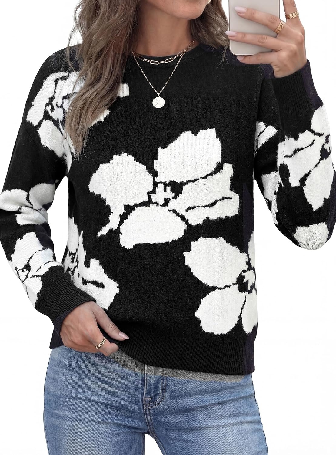 image:imagePRETTYGARDEN Womens Floral Sweater Crewneck Pullover TopsBlack