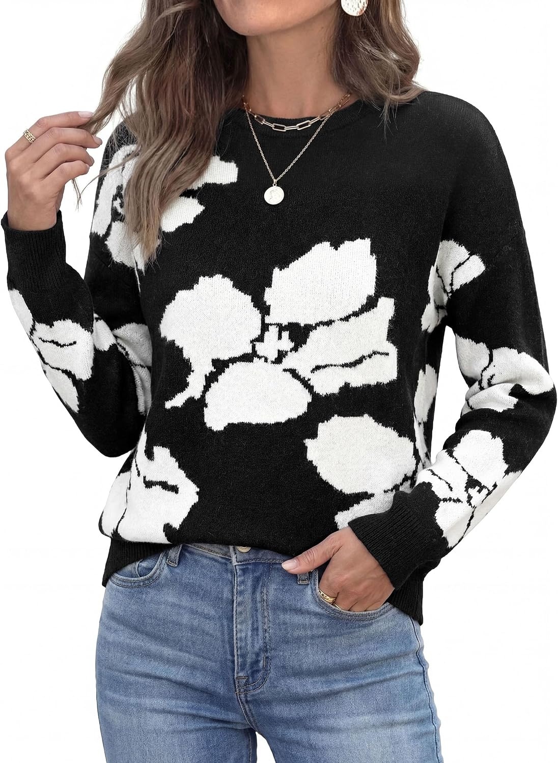 image:imagePRETTYGARDEN Womens Floral Sweater Crewneck Pullover TopsBlack