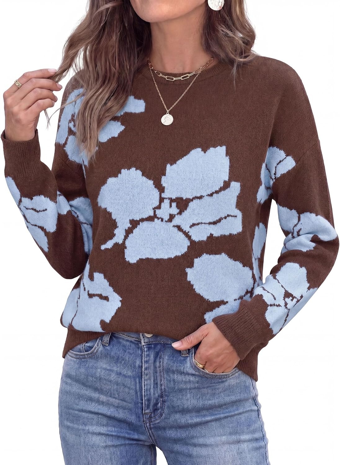 image:imagePRETTYGARDEN Womens Floral Sweater Crewneck Pullover TopsBrown
