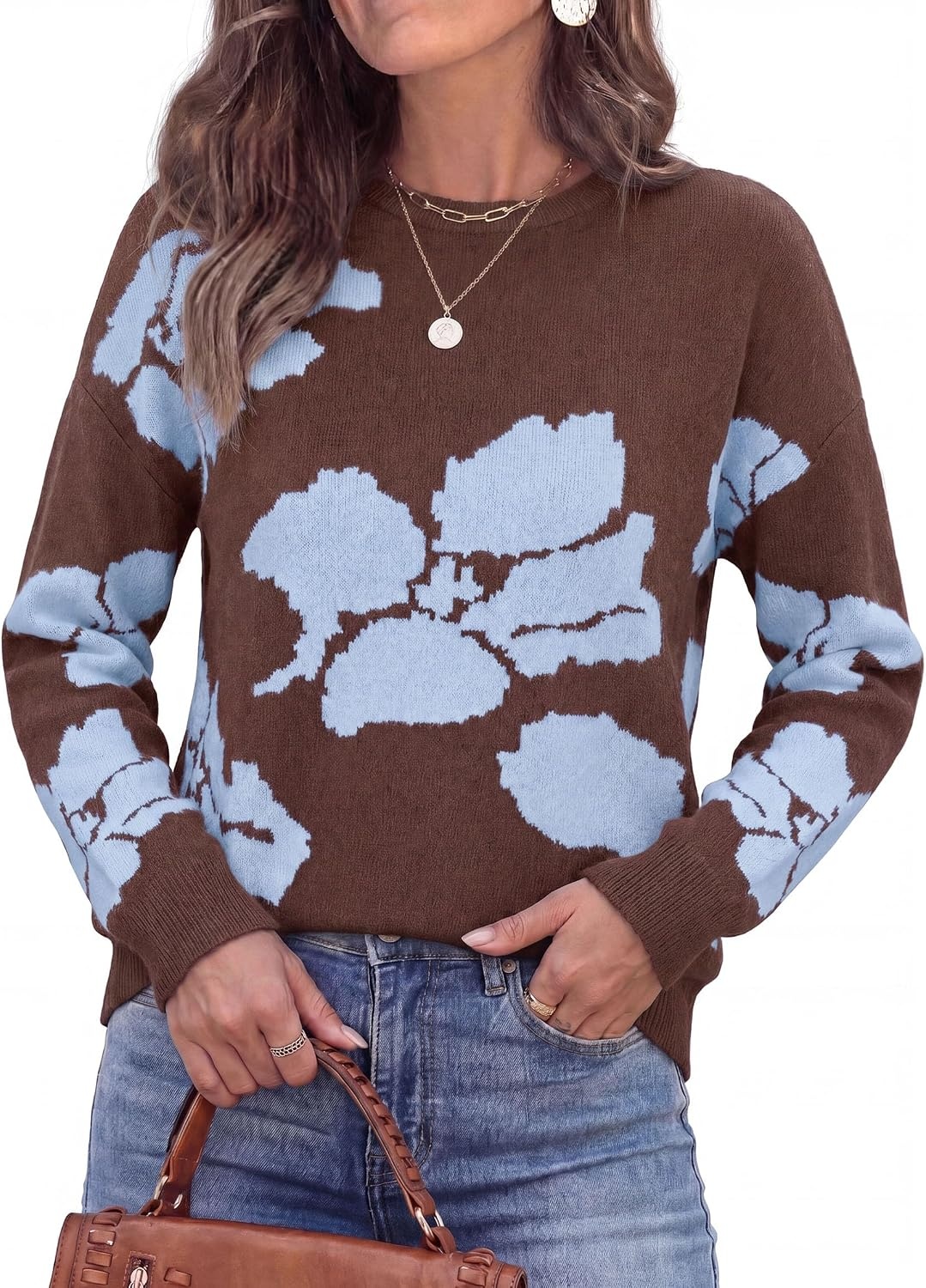 image:imagePRETTYGARDEN Womens Floral Sweater Crewneck Pullover TopsBrown