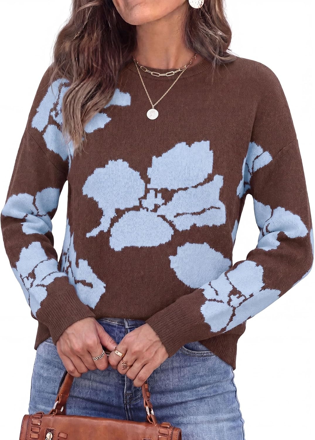 image:imagePRETTYGARDEN Womens Floral Sweater Crewneck Pullover TopsBrown
