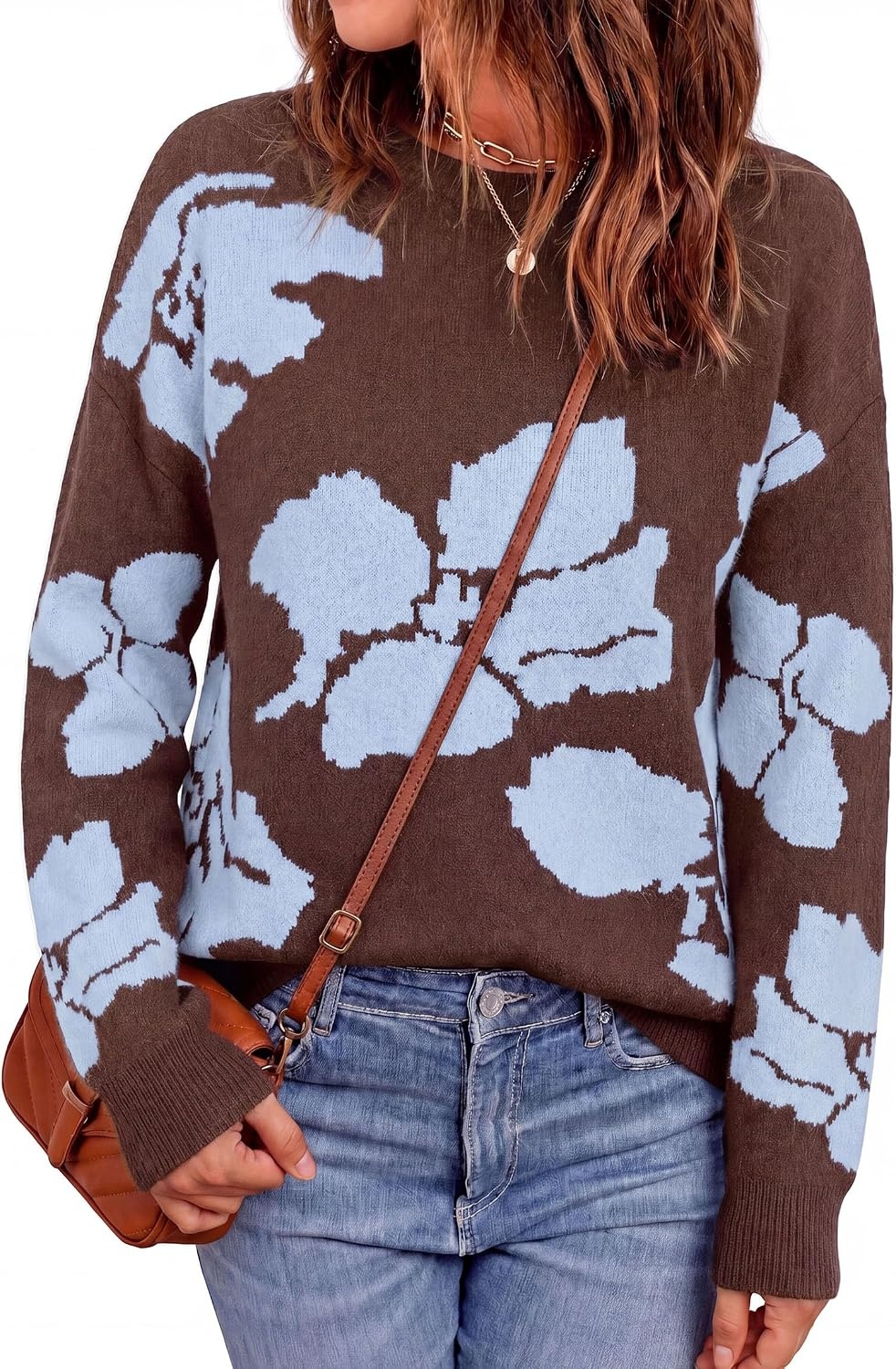 image:imagePRETTYGARDEN Womens Floral Sweater Crewneck Pullover TopsBrown