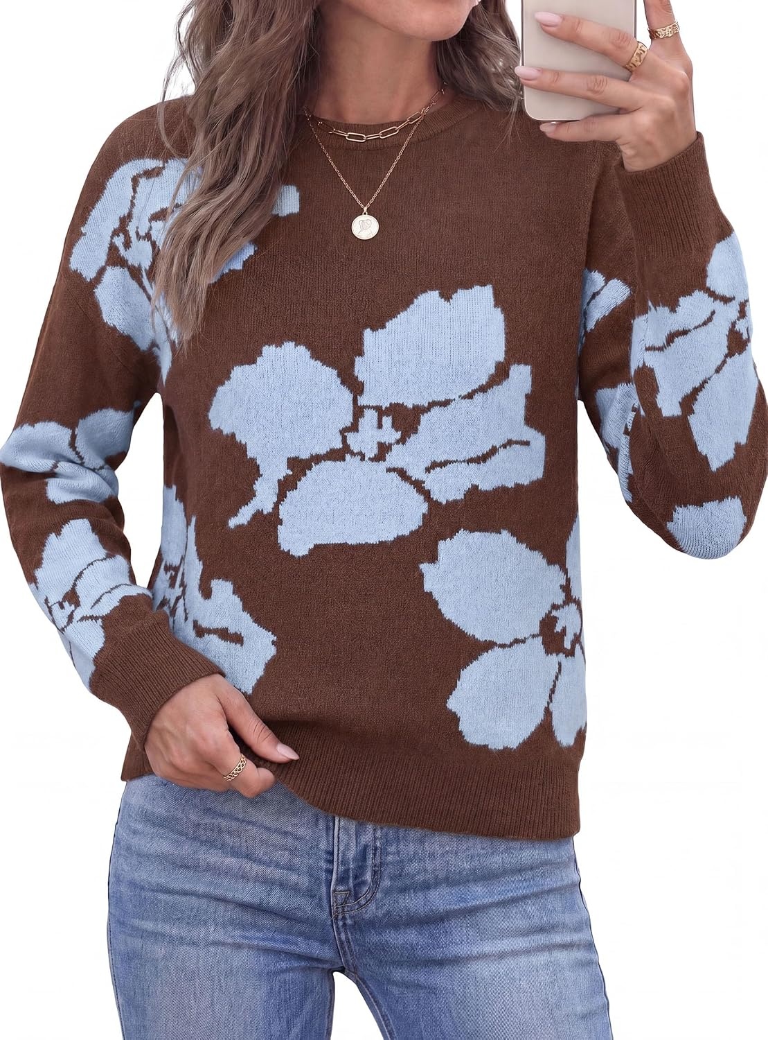 image:imagePRETTYGARDEN Womens Floral Sweater Crewneck Pullover TopsBrown