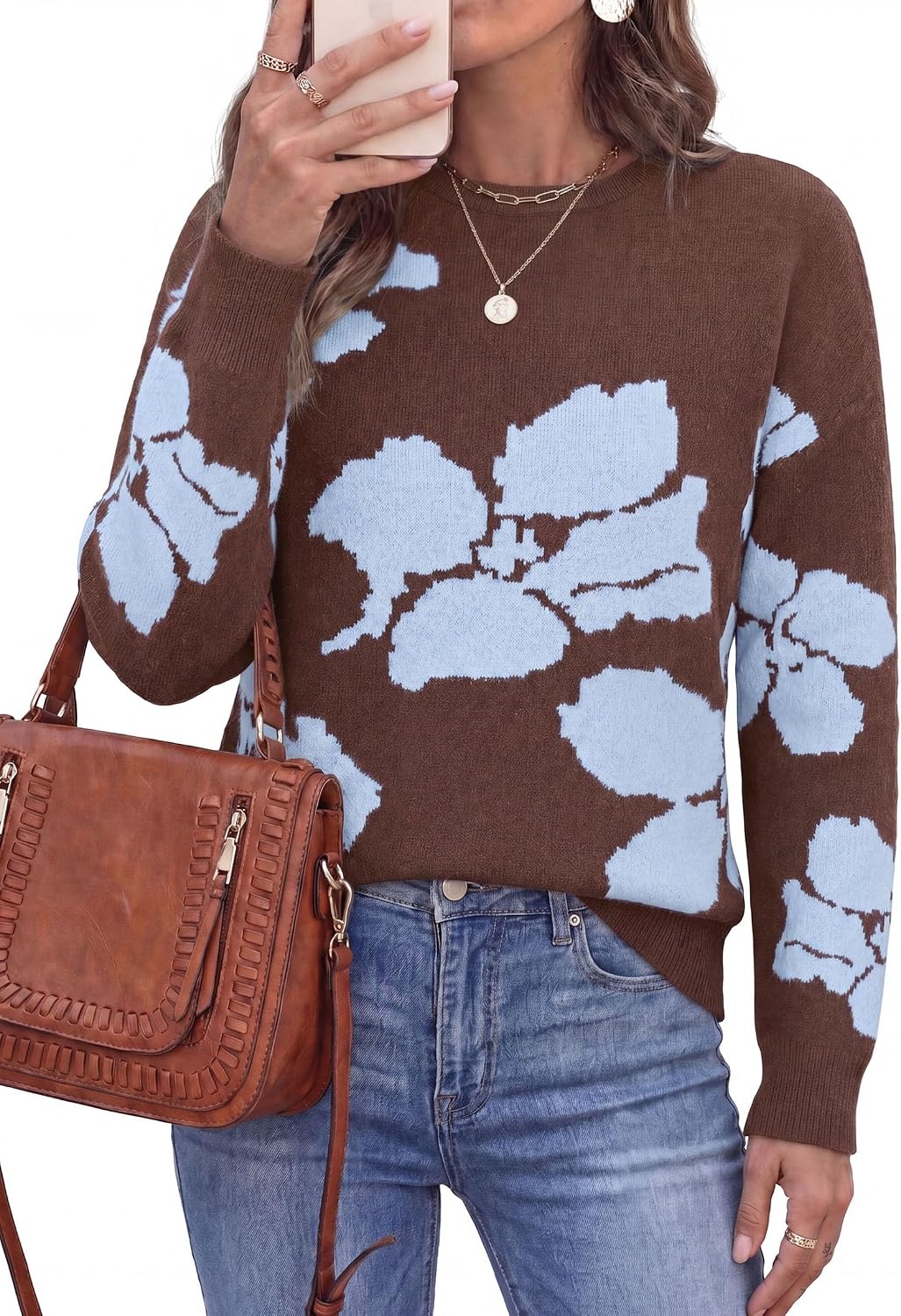 image:imagePRETTYGARDEN Womens Floral Sweater Crewneck Pullover TopsBrown