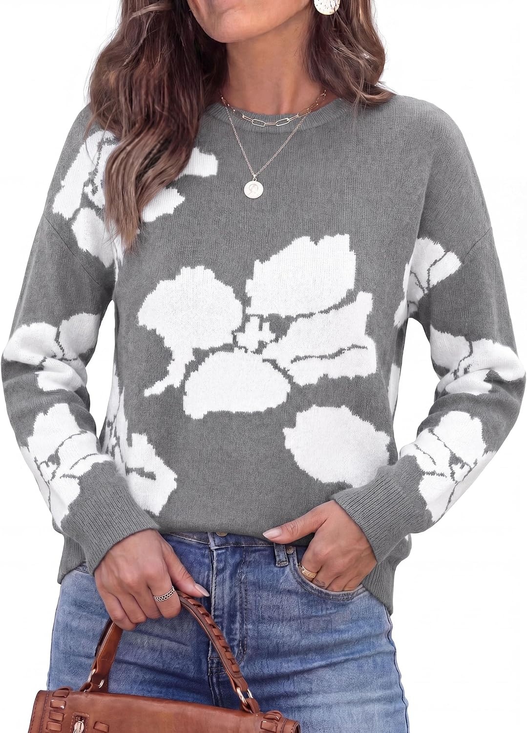 image:imagePRETTYGARDEN Womens Floral Sweater Crewneck Pullover TopsGrey