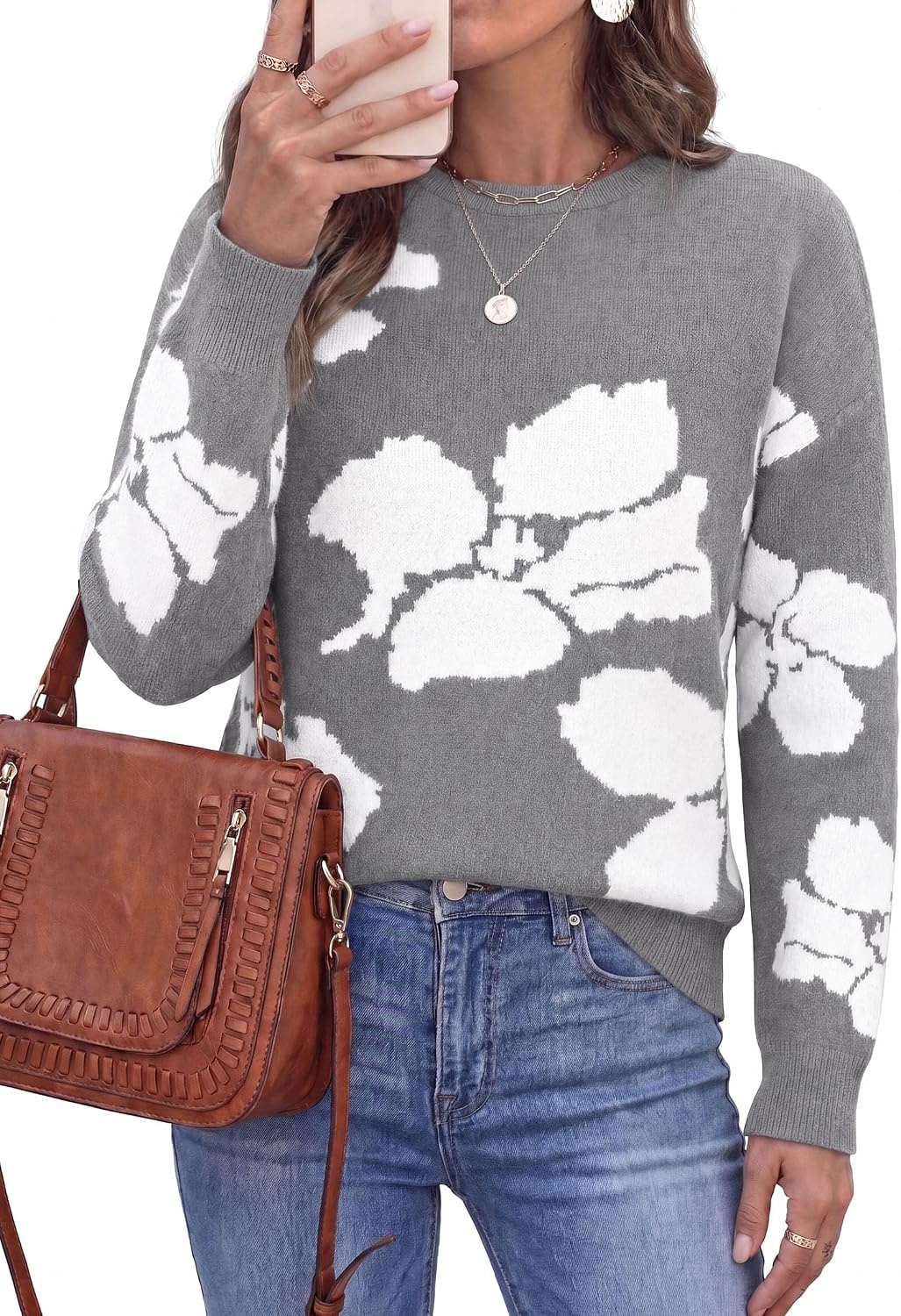 image:imagePRETTYGARDEN Womens Floral Sweater Crewneck Pullover TopsGrey