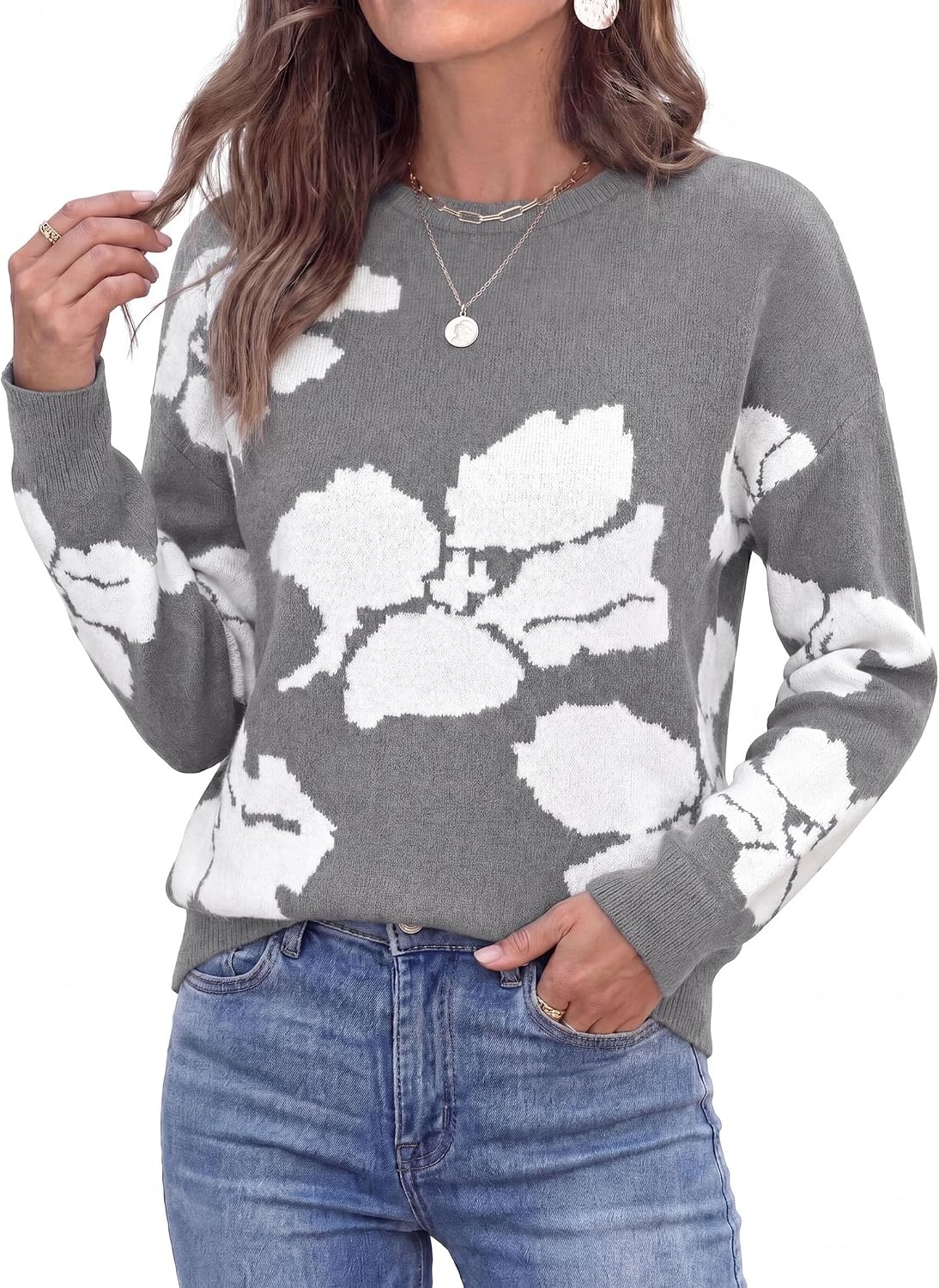 image:imagePRETTYGARDEN Womens Floral Sweater Crewneck Pullover TopsGrey
