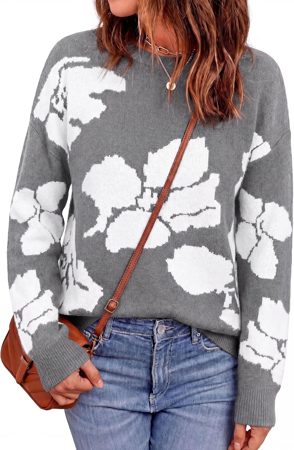 image:imagePRETTYGARDEN Womens Floral Sweater Crewneck Pullover TopsGrey