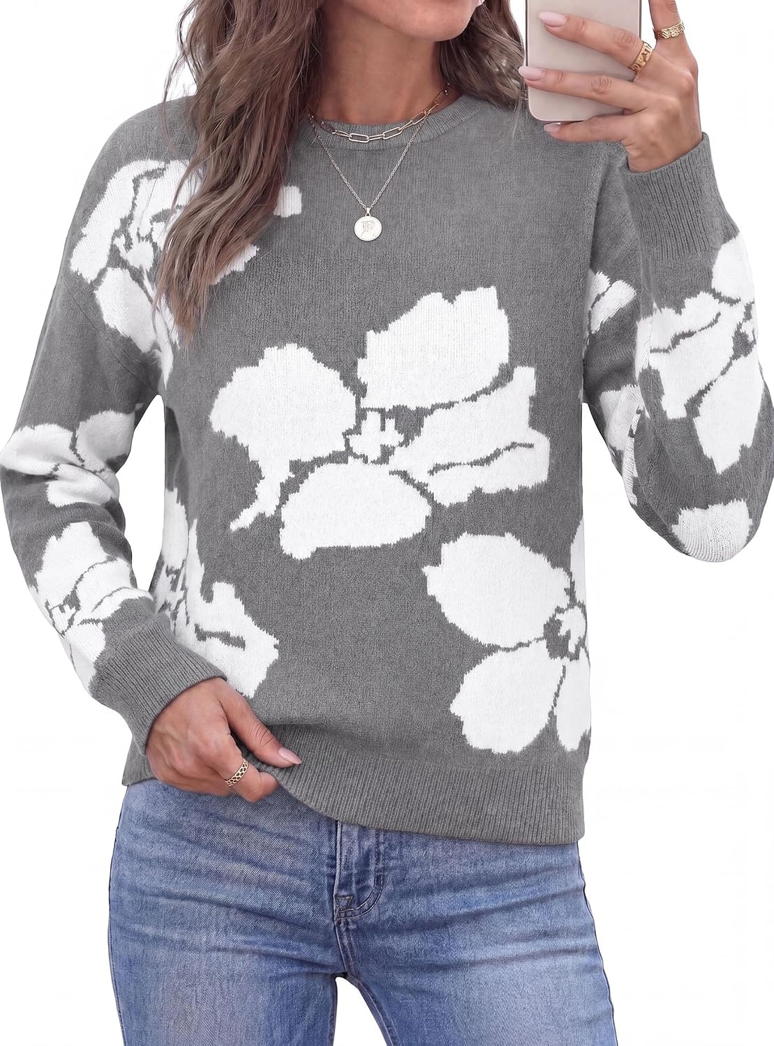 image:imagePRETTYGARDEN Womens Floral Sweater Crewneck Pullover TopsGrey