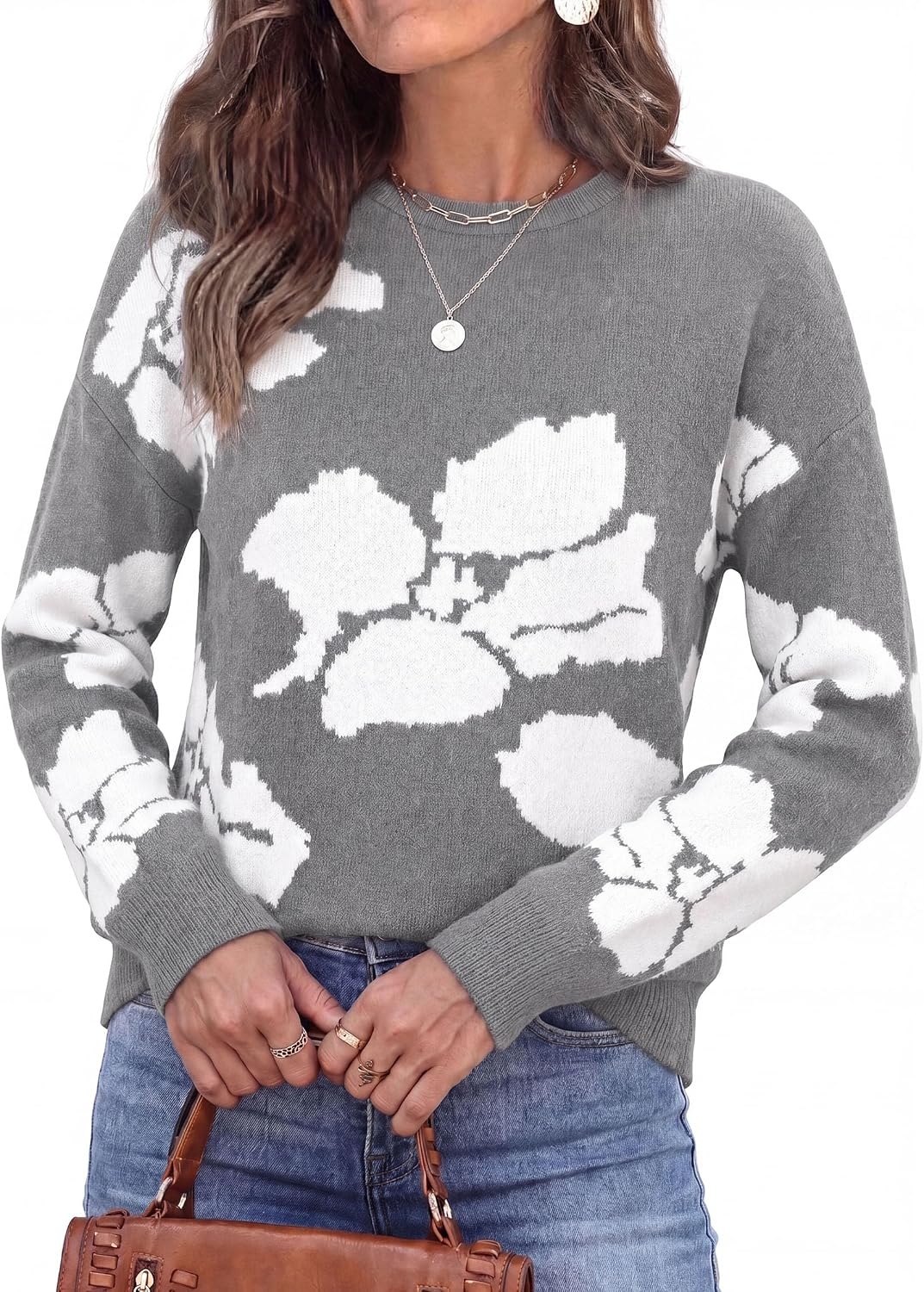 image:imagePRETTYGARDEN Womens Floral Sweater Crewneck Pullover TopsGrey