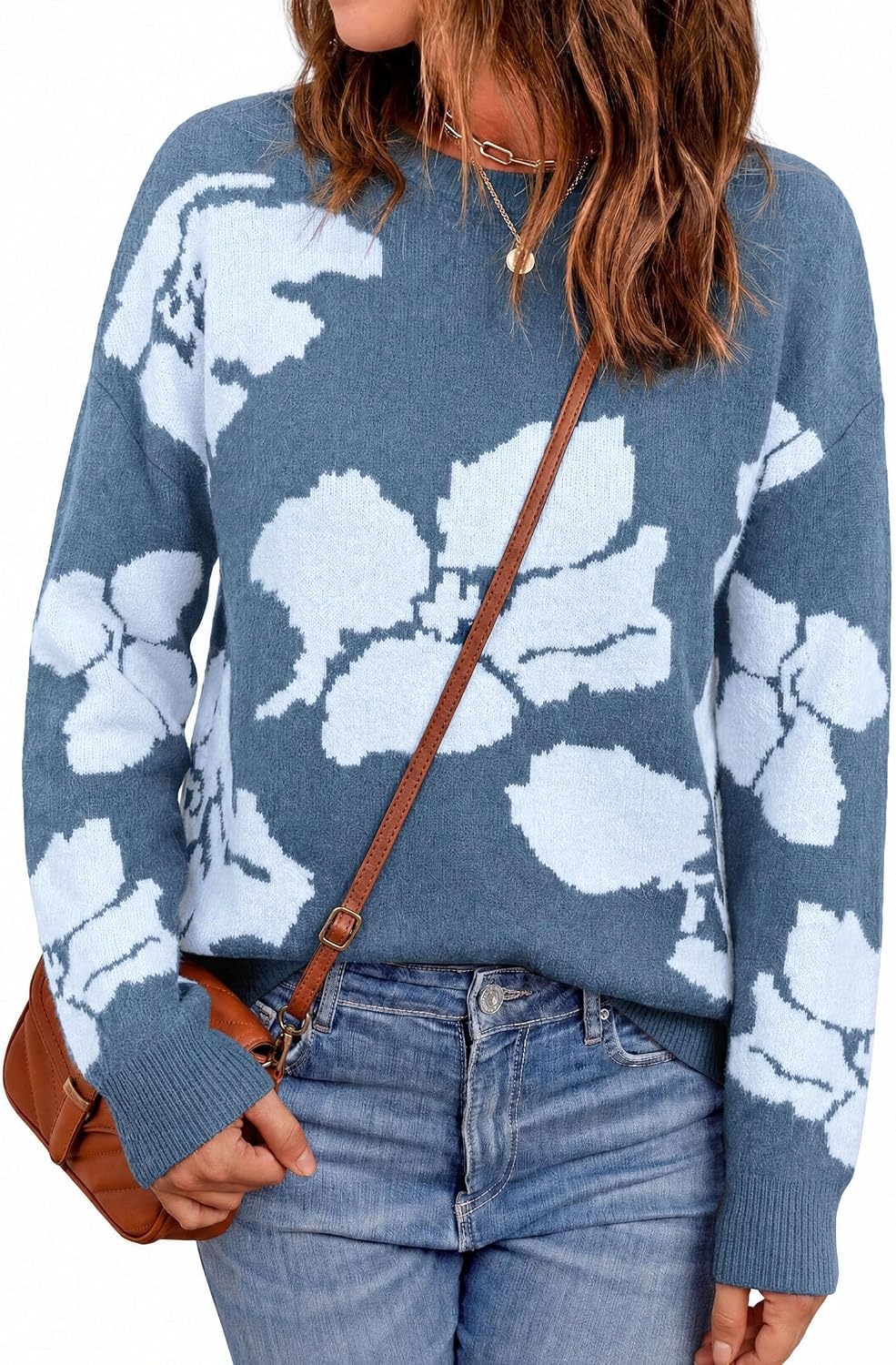 image:imagePRETTYGARDEN Womens Floral Sweater Crewneck Pullover TopsGrey Blue