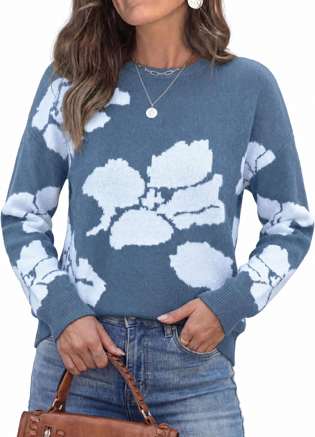 image:imagePRETTYGARDEN Womens Floral Sweater Crewneck Pullover TopsGrey Blue