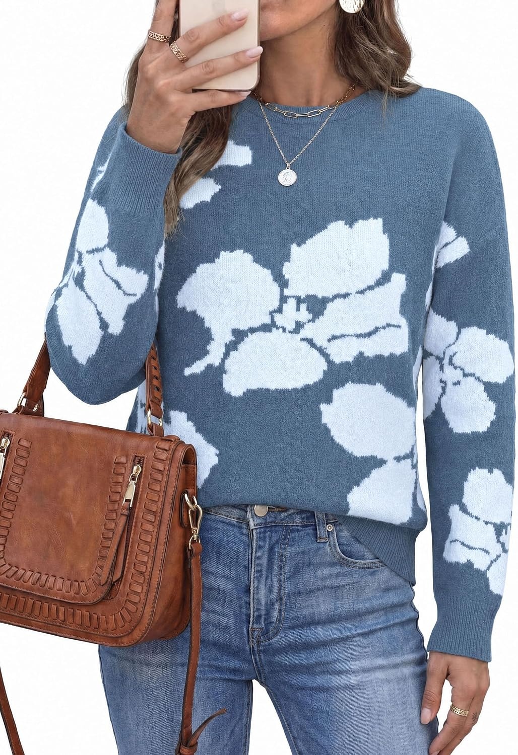 image:imagePRETTYGARDEN Womens Floral Sweater Crewneck Pullover TopsGrey Blue