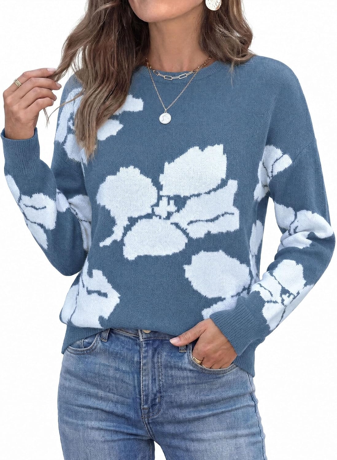 image:imagePRETTYGARDEN Womens Floral Sweater Crewneck Pullover TopsGrey Blue