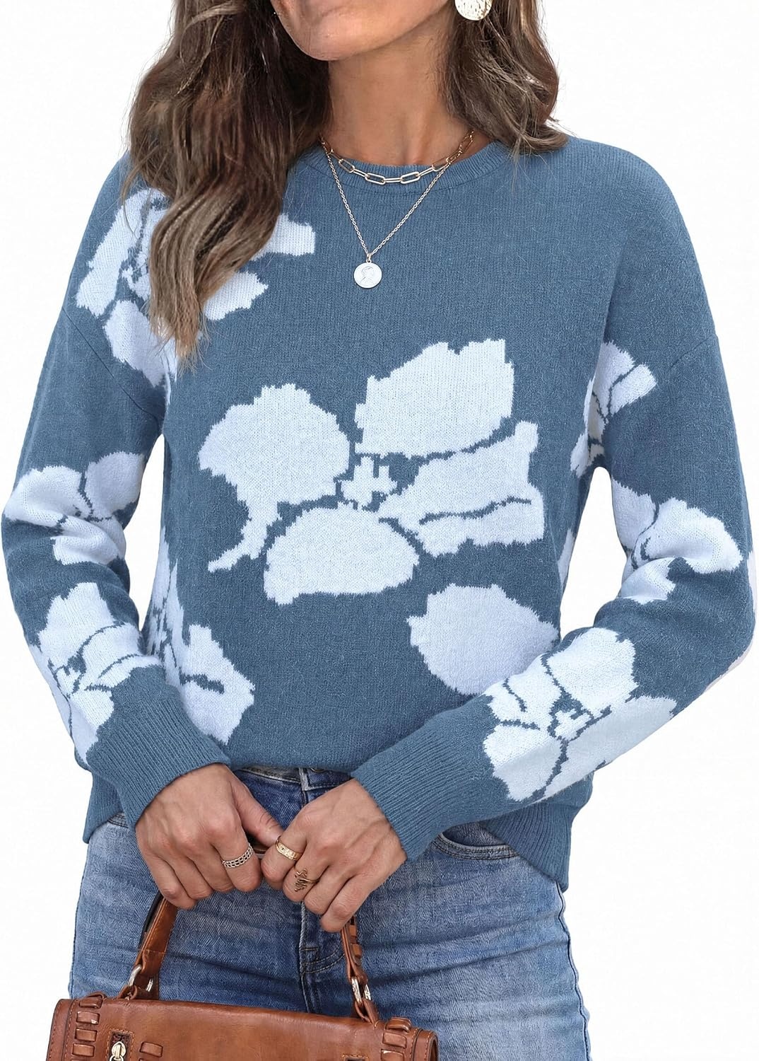 image:imagePRETTYGARDEN Womens Floral Sweater Crewneck Pullover TopsGrey Blue