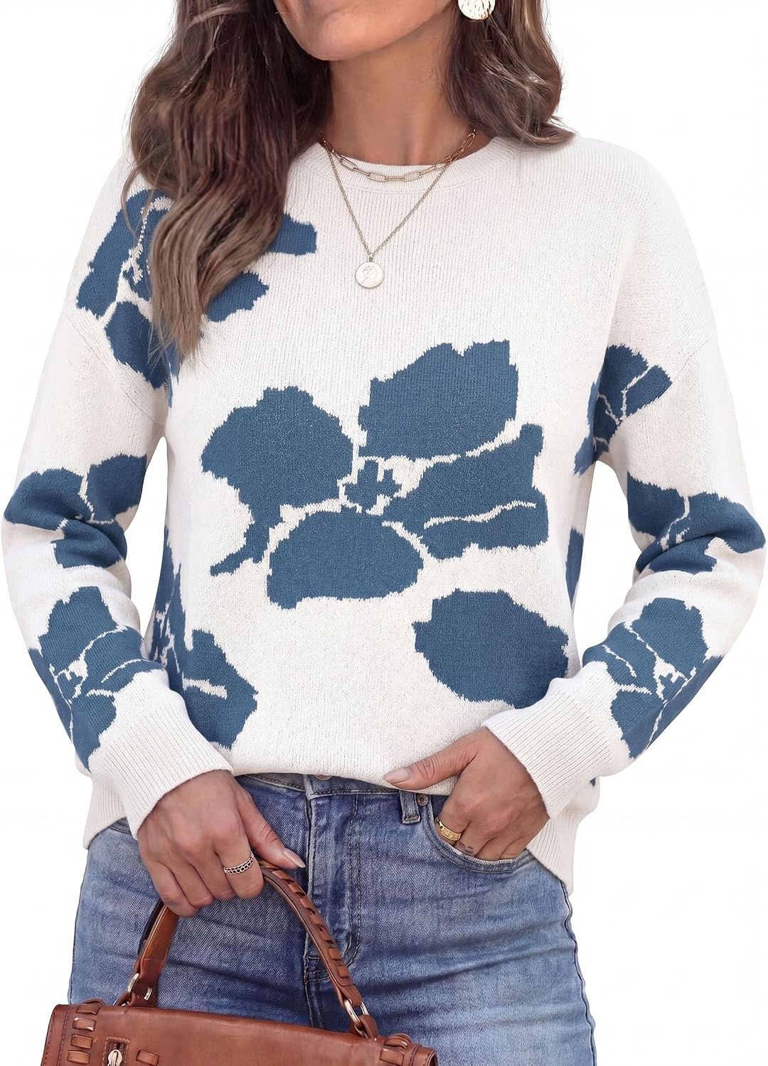 image:imagePRETTYGARDEN Womens Floral Sweater Crewneck Pullover TopsWhite Blue