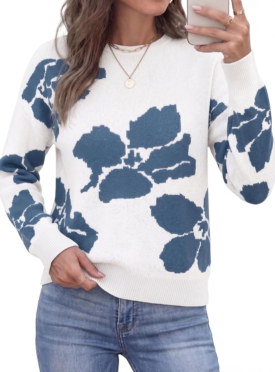 image:imagePRETTYGARDEN Womens Floral Sweater Crewneck Pullover TopsWhite Blue