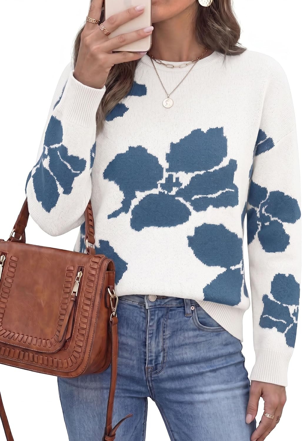 image:imagePRETTYGARDEN Womens Floral Sweater Crewneck Pullover TopsWhite Blue