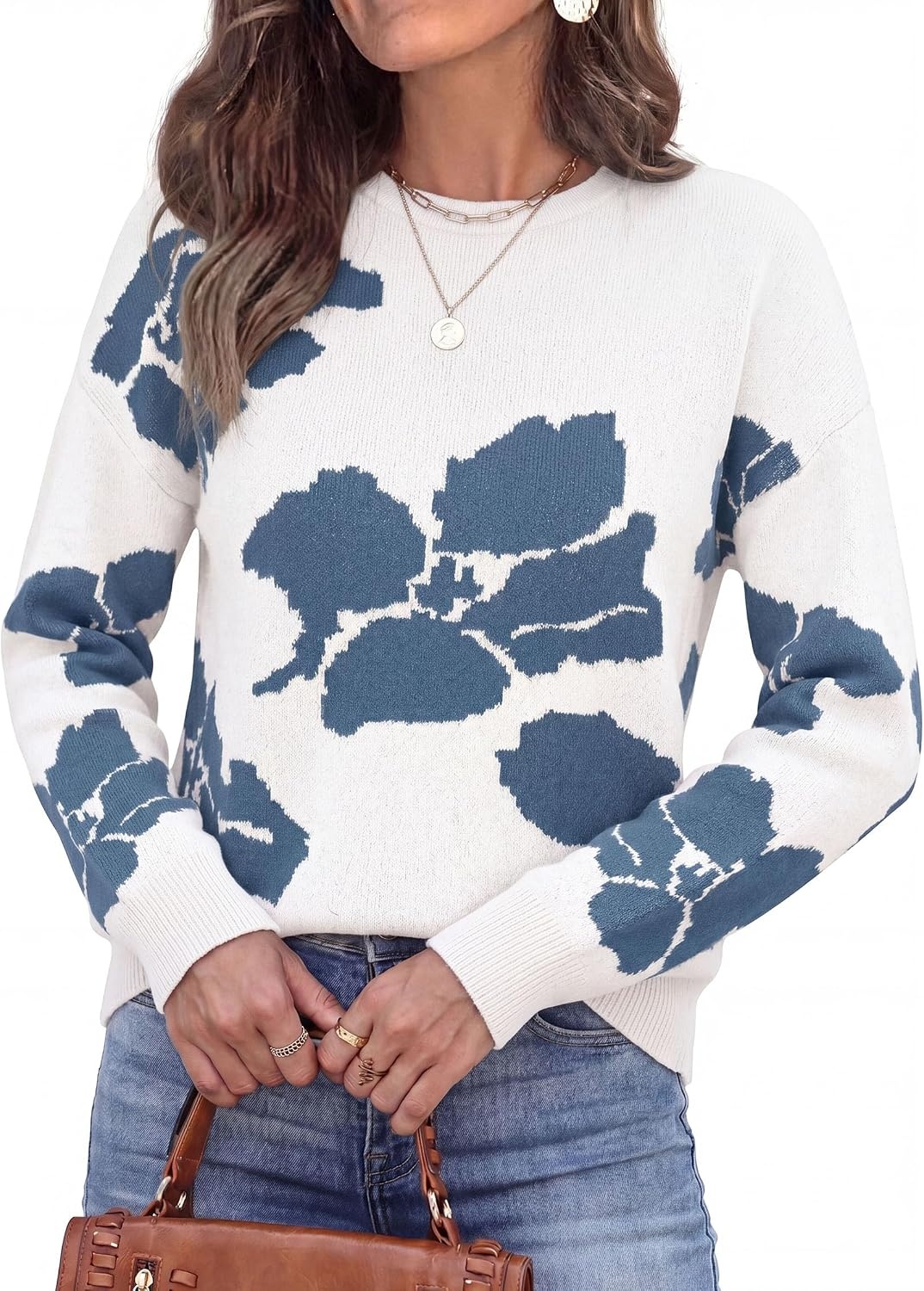 image:imagePRETTYGARDEN Womens Floral Sweater Crewneck Pullover TopsWhite Blue