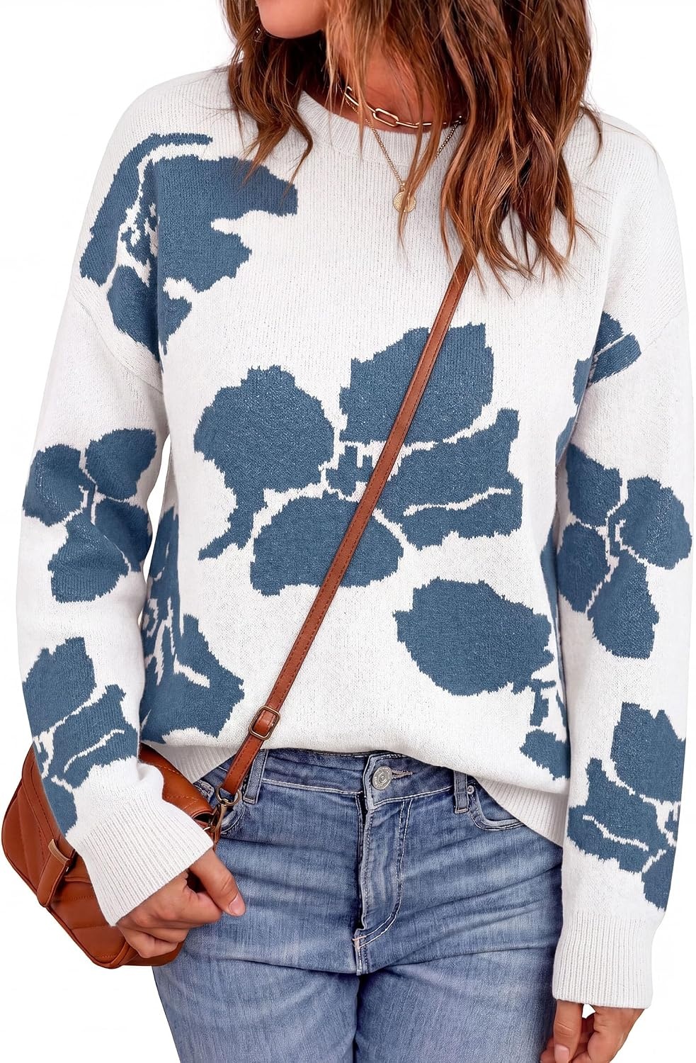 image:imagePRETTYGARDEN Womens Floral Sweater Crewneck Pullover TopsWhite Blue