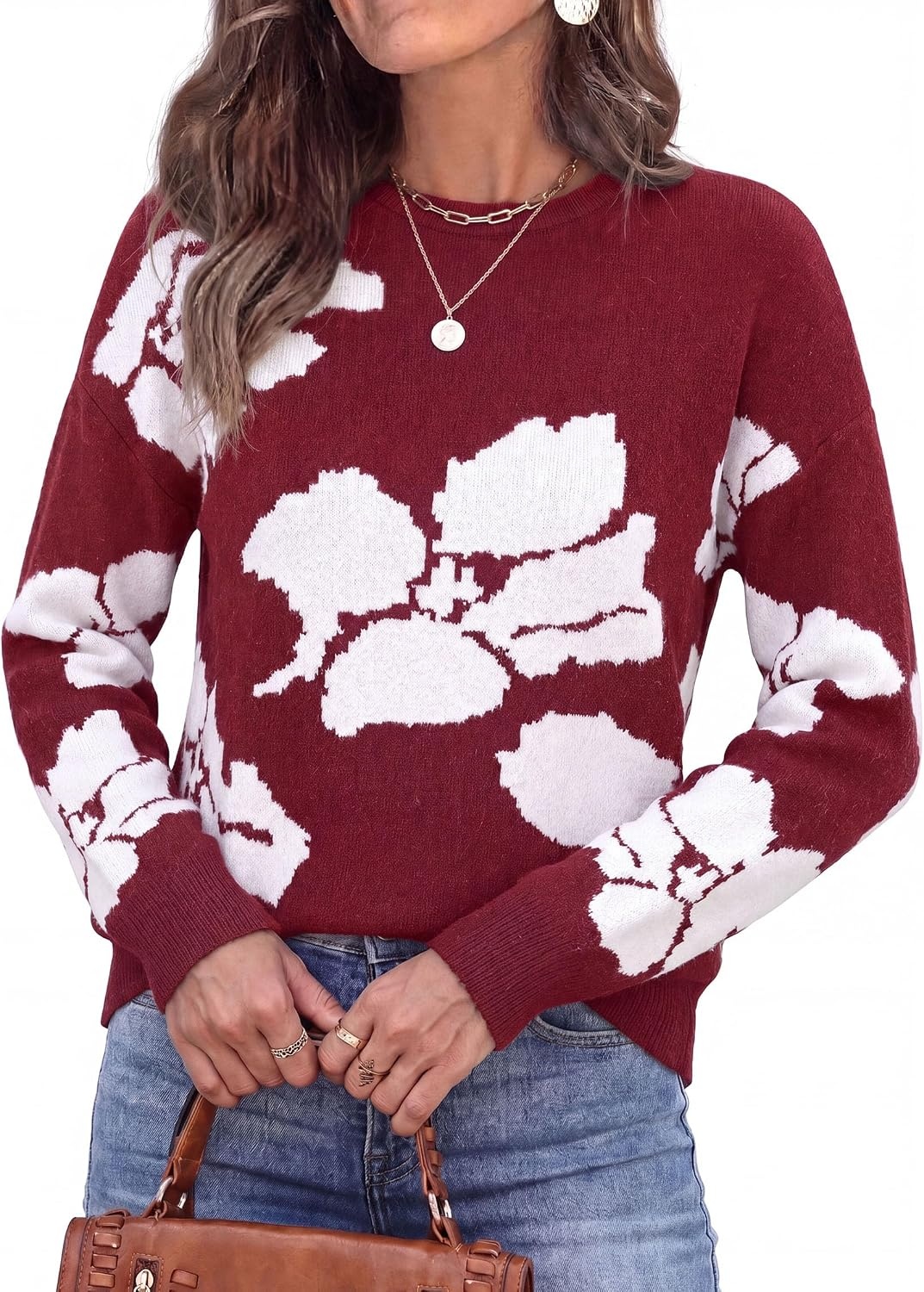 image:imagePRETTYGARDEN Womens Floral Sweater Crewneck Pullover TopsWine Red