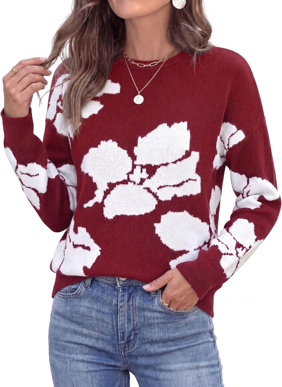image:imagePRETTYGARDEN Womens Floral Sweater Crewneck Pullover TopsWine Red