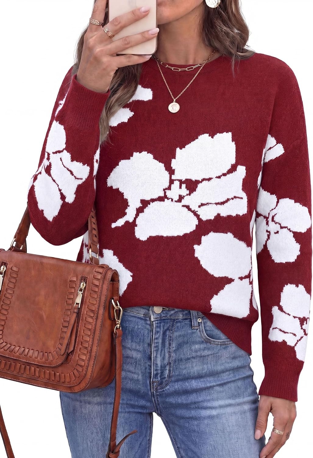 image:imagePRETTYGARDEN Womens Floral Sweater Crewneck Pullover TopsWine Red