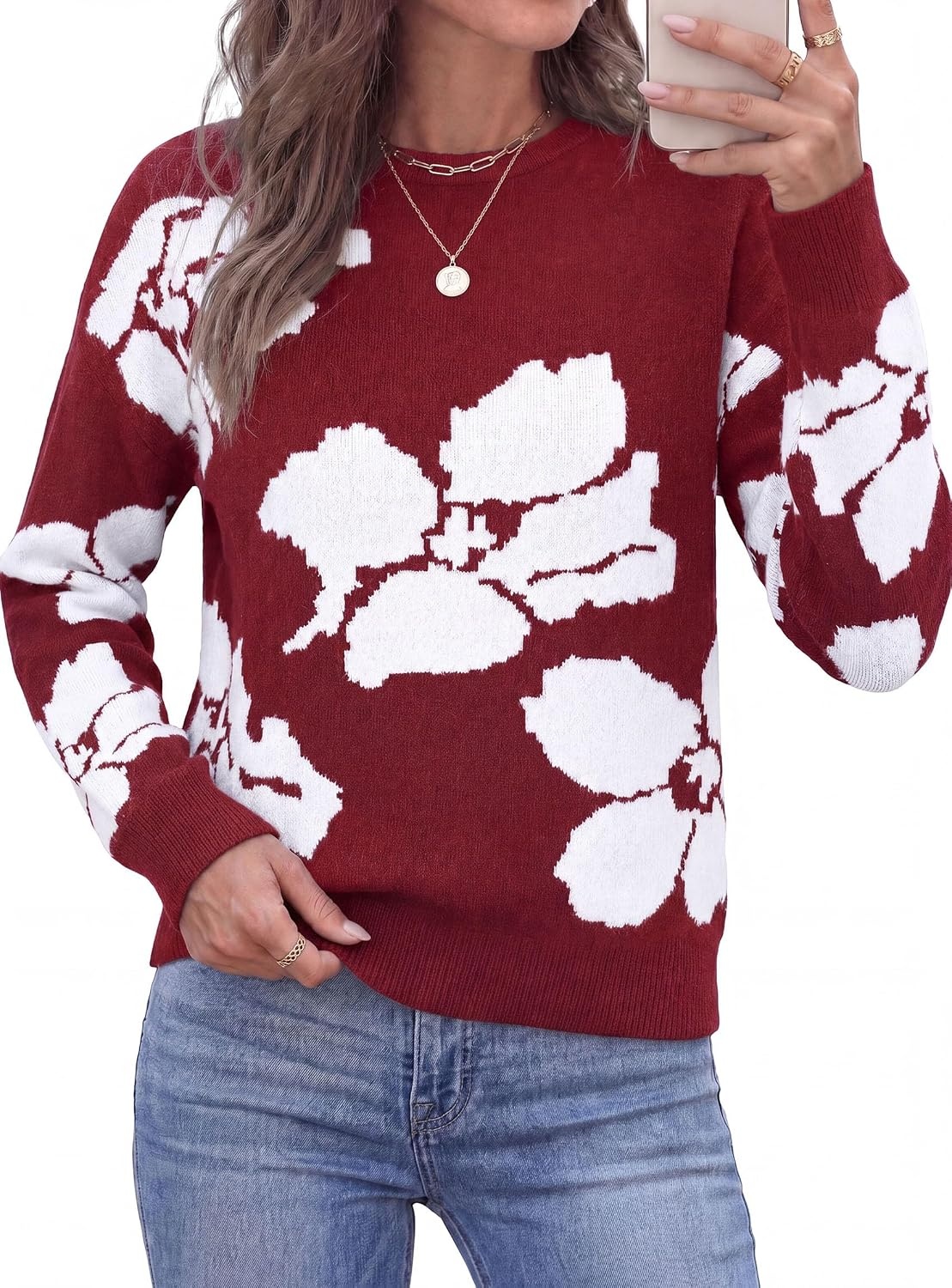 image:imagePRETTYGARDEN Womens Floral Sweater Crewneck Pullover TopsWine Red