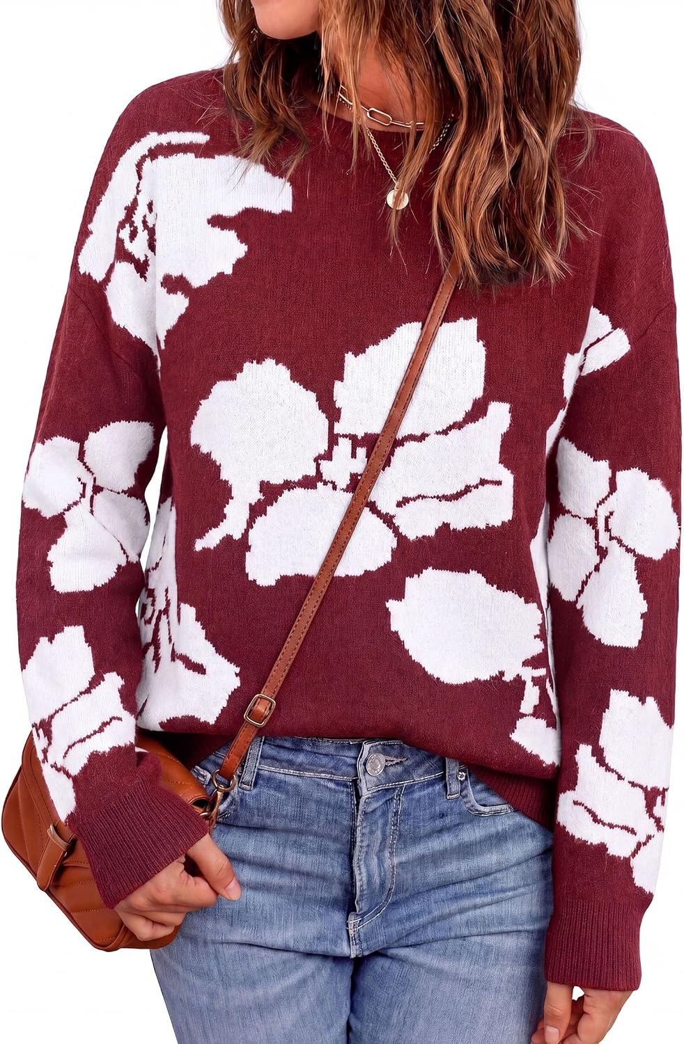 image:imagePRETTYGARDEN Womens Floral Sweater Crewneck Pullover TopsWine Red