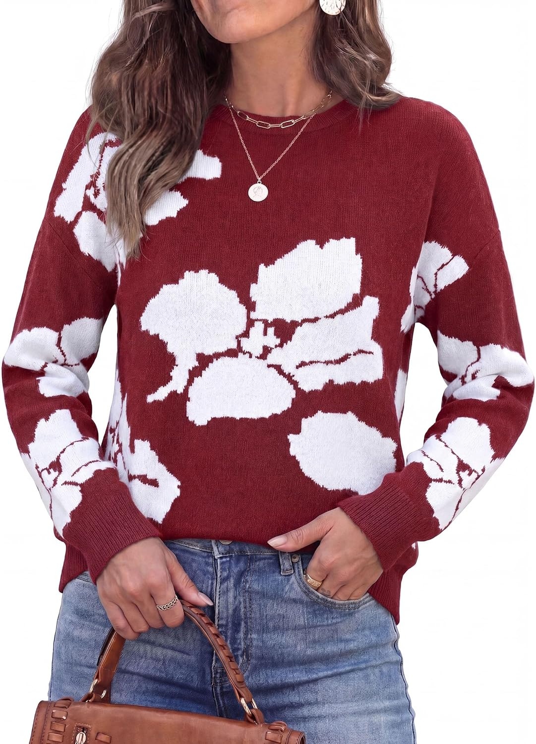 image:imagePRETTYGARDEN Womens Floral Sweater Crewneck Pullover TopsWine Red