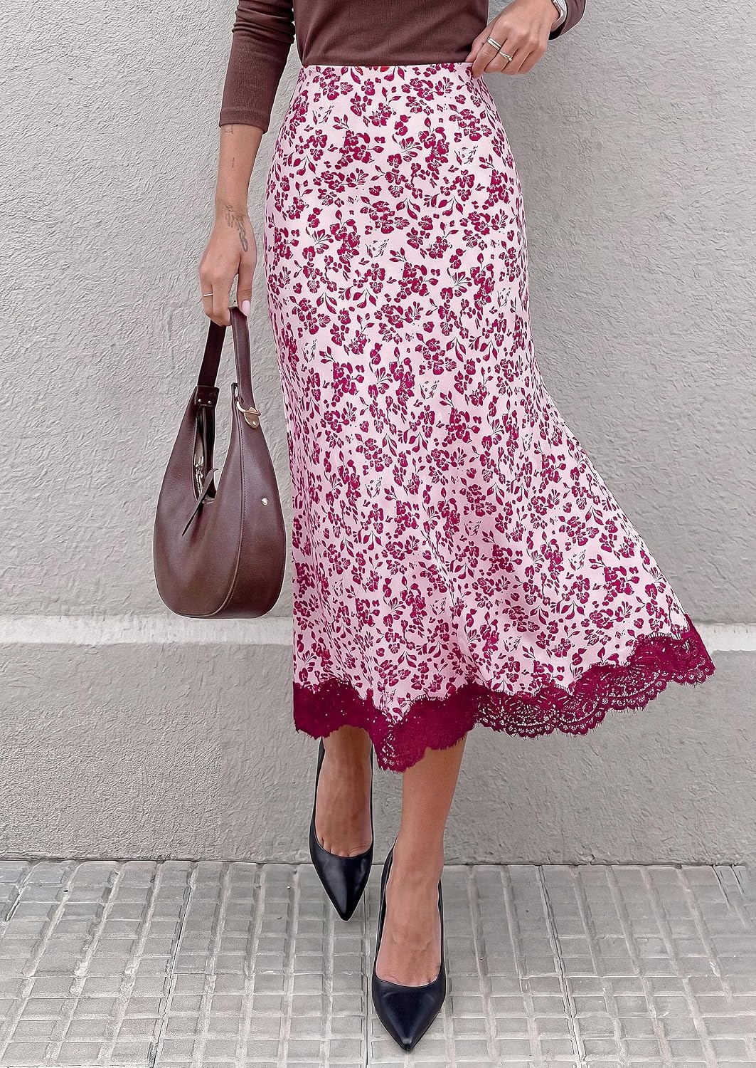 image:imagePRETTYGARDEN Womens Flowy Satin Midi A Line SkirtFloral Pink Rose Red