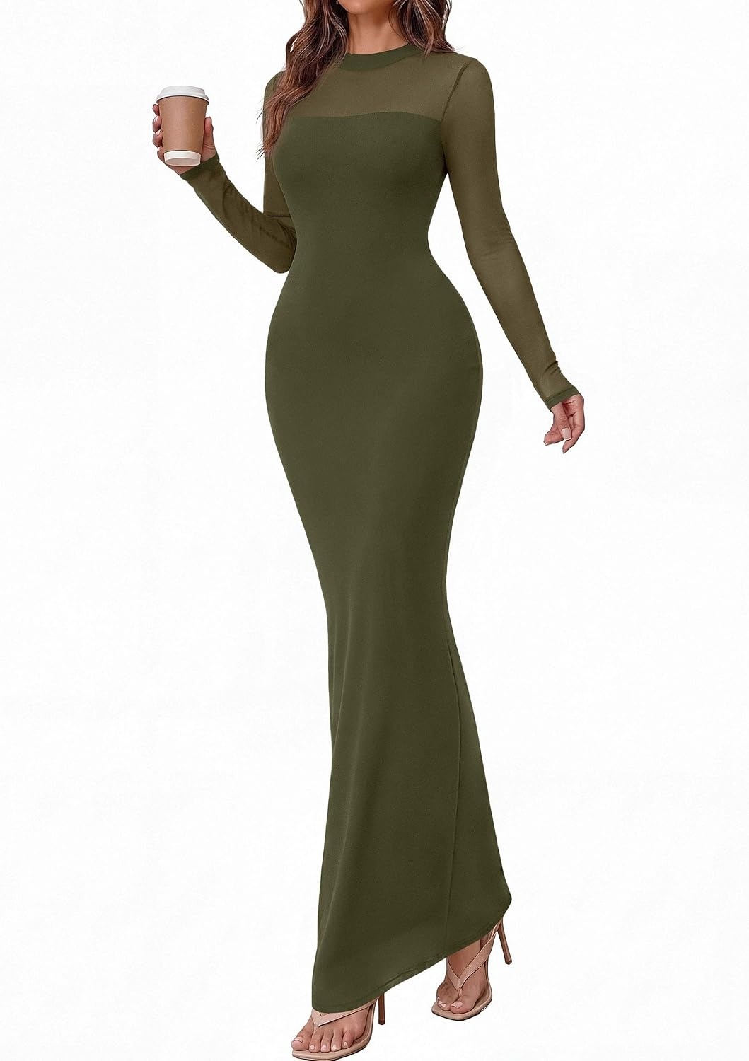 image:imagePRETTYGARDEN Womens Formal Mesh Sheer Long Sleeve Maxi DressArmy Green