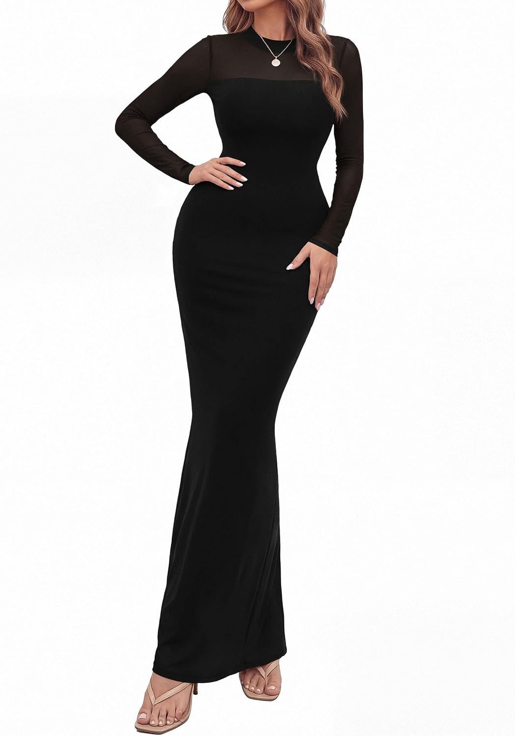 image:imagePRETTYGARDEN Womens Formal Mesh Sheer Long Sleeve Maxi DressBlack
