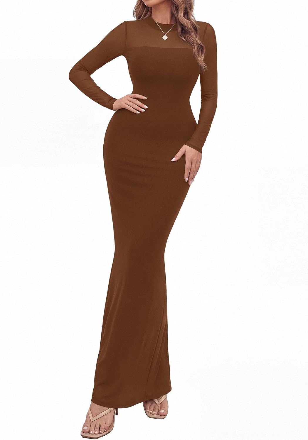image:imagePRETTYGARDEN Womens Formal Mesh Sheer Long Sleeve Maxi DressBrown
