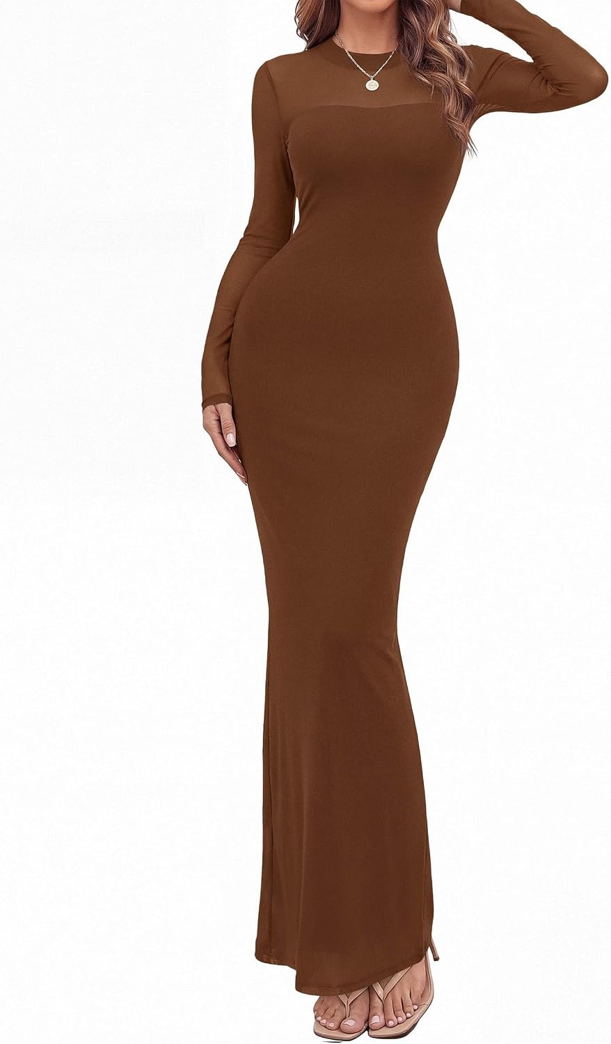 image:imagePRETTYGARDEN Womens Formal Mesh Sheer Long Sleeve Maxi DressBrown