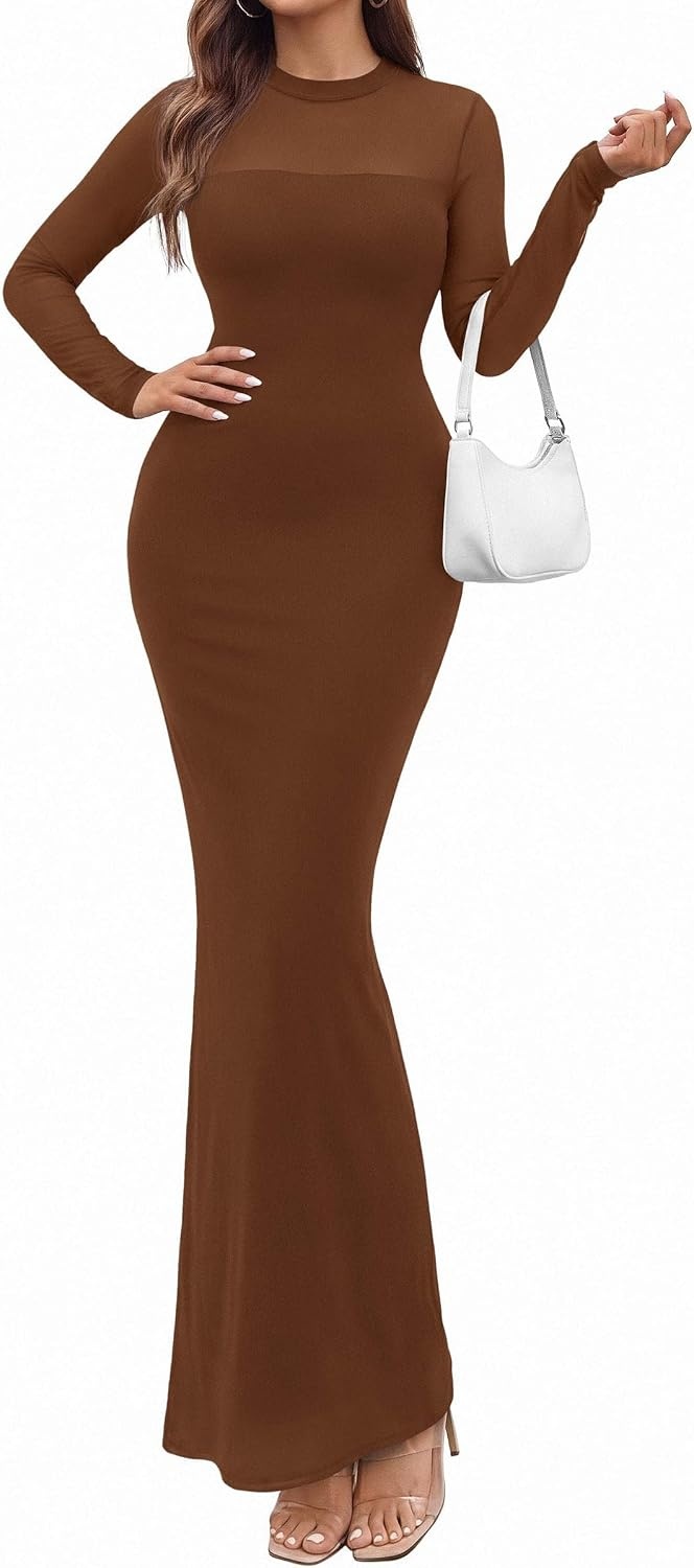 image:imagePRETTYGARDEN Womens Formal Mesh Sheer Long Sleeve Maxi DressBrown