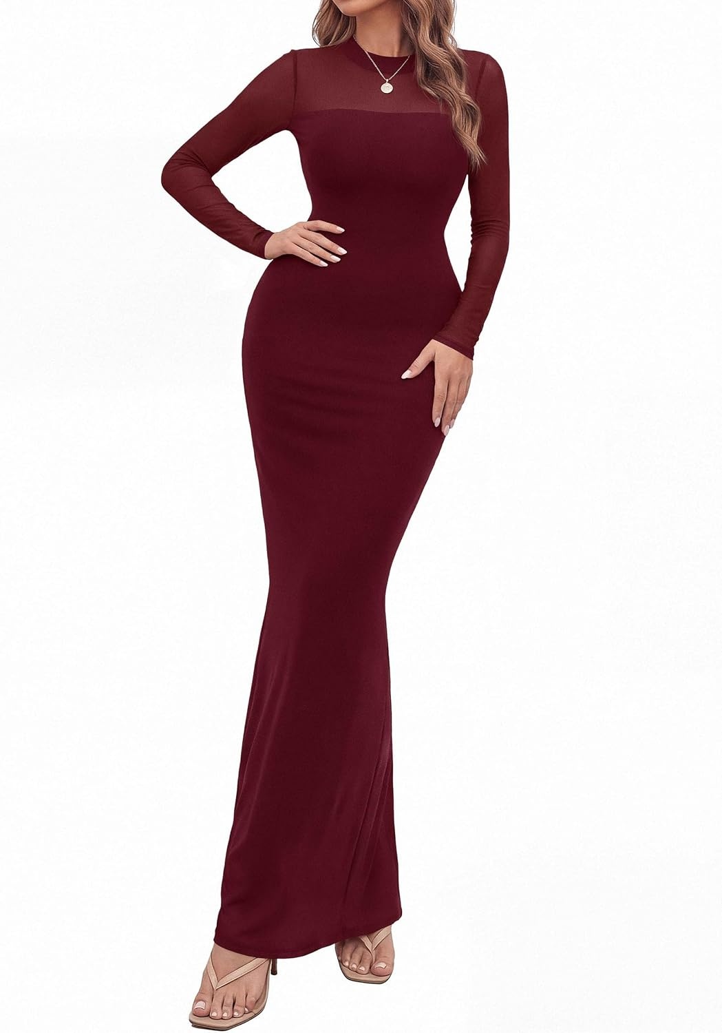 image:imagePRETTYGARDEN Womens Formal Mesh Sheer Long Sleeve Maxi DressBurgundy