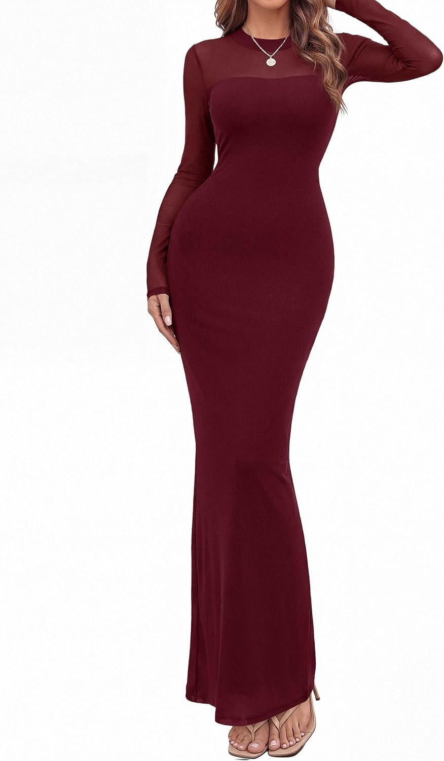 image:imagePRETTYGARDEN Womens Formal Mesh Sheer Long Sleeve Maxi DressBurgundy