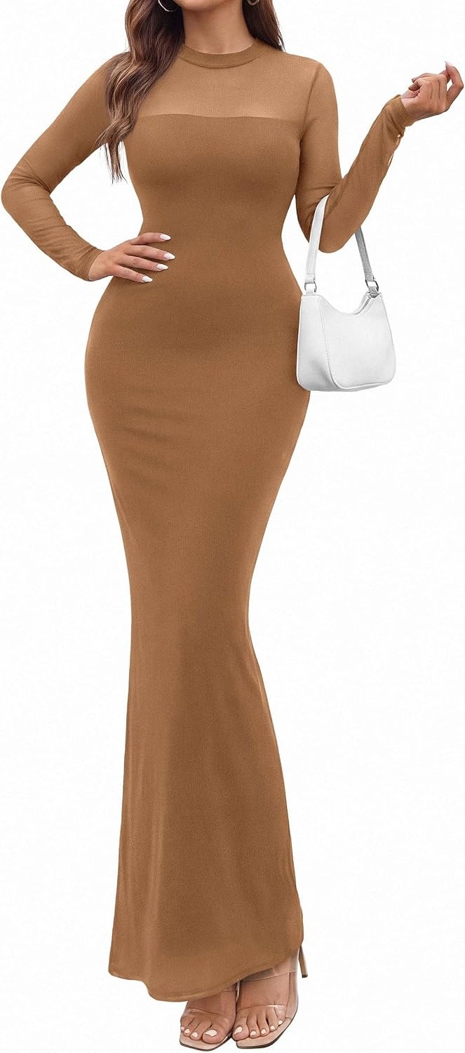 image:imagePRETTYGARDEN Womens Formal Mesh Sheer Long Sleeve Maxi DressKhaki
