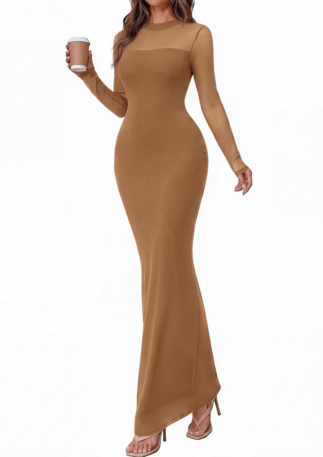 image:imagePRETTYGARDEN Womens Formal Mesh Sheer Long Sleeve Maxi DressKhaki