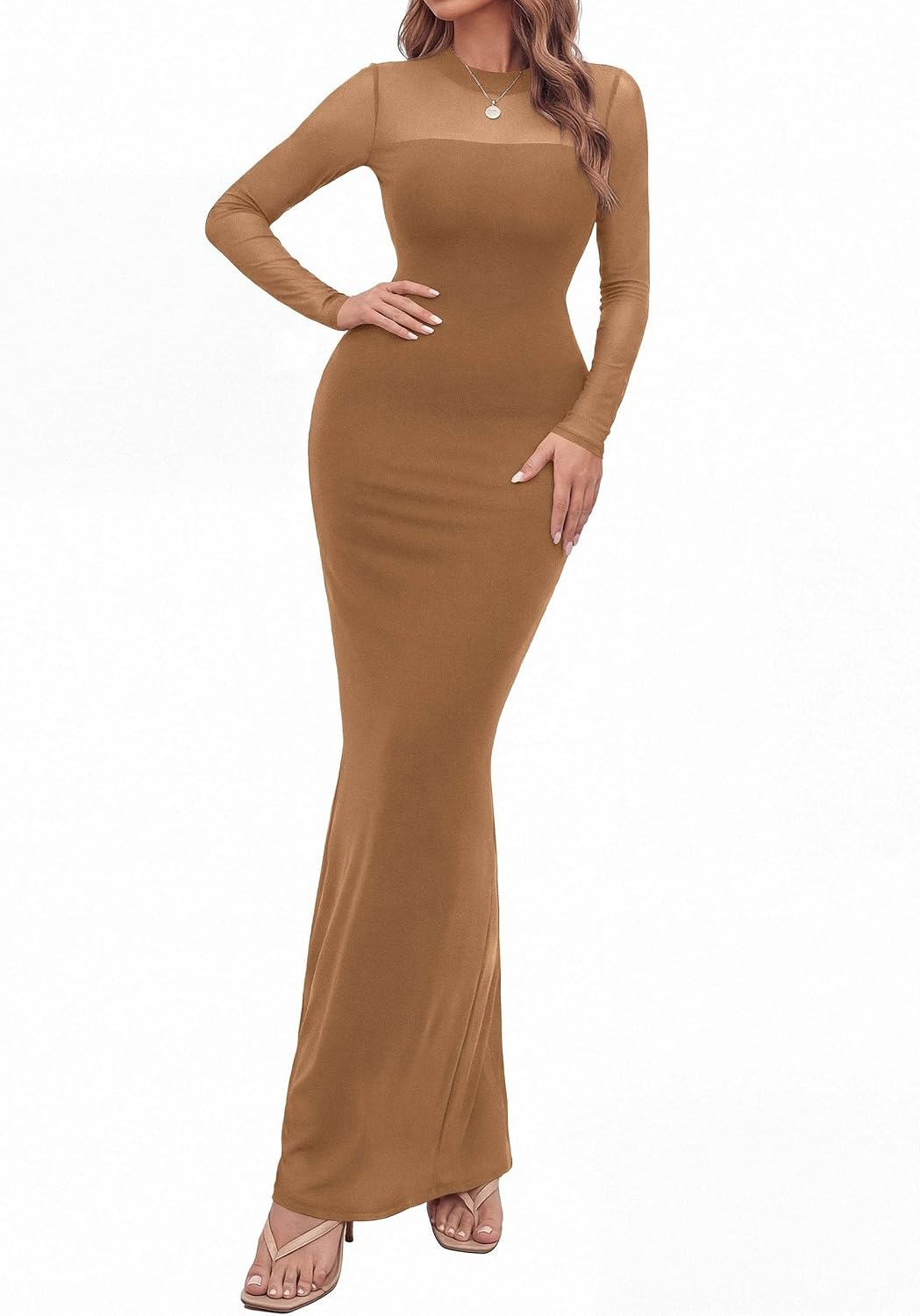 image:imagePRETTYGARDEN Womens Formal Mesh Sheer Long Sleeve Maxi DressKhaki