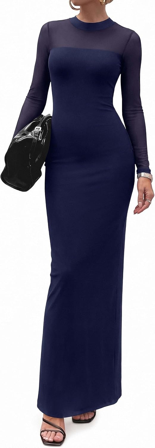 image:imagePRETTYGARDEN Womens Formal Mesh Sheer Long Sleeve Maxi DressNavy Blue