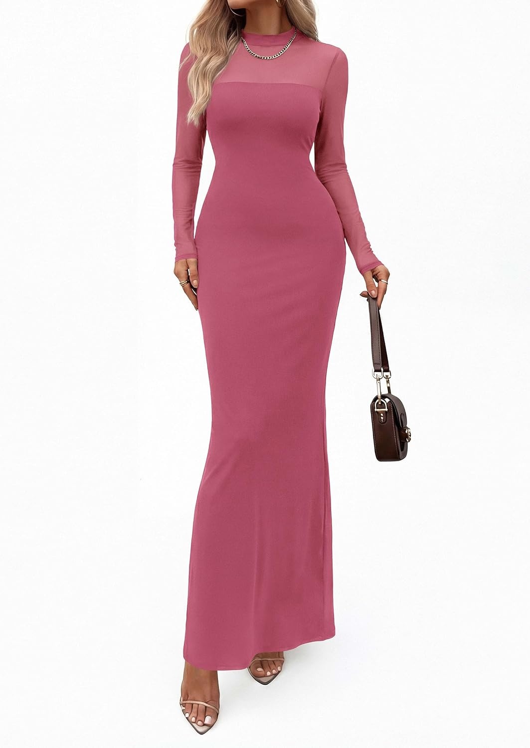 image:imagePRETTYGARDEN Womens Formal Mesh Sheer Long Sleeve Maxi DressPink
