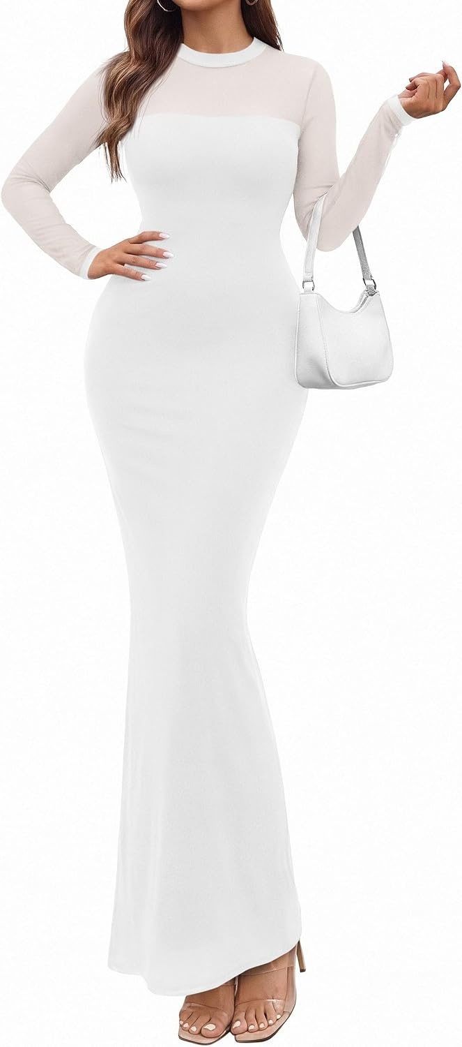 image:imagePRETTYGARDEN Womens Formal Mesh Sheer Long Sleeve Maxi DressWhite