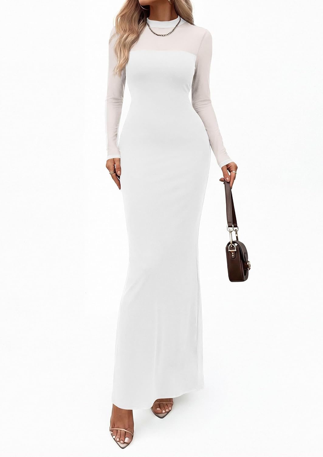 image:imagePRETTYGARDEN Womens Formal Mesh Sheer Long Sleeve Maxi DressWhite