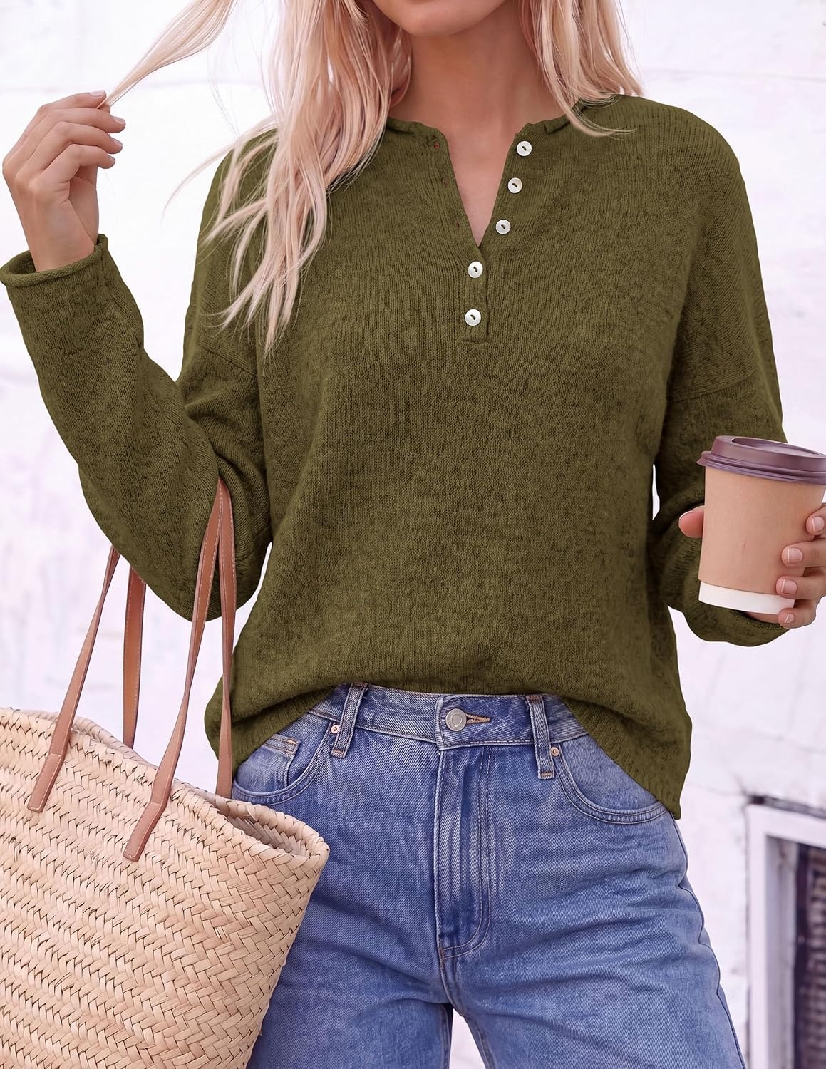 image:imagePRETTYGARDEN Womens Henley Cozy Sweaters Button Up PulloverArmy Green