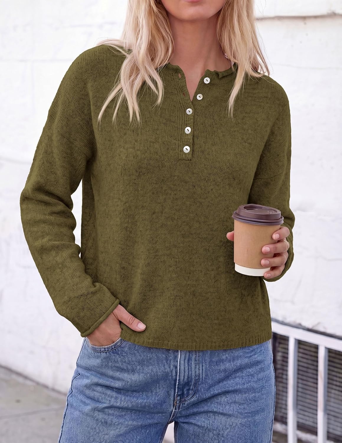 image:imagePRETTYGARDEN Womens Henley Cozy Sweaters Button Up PulloverArmy Green