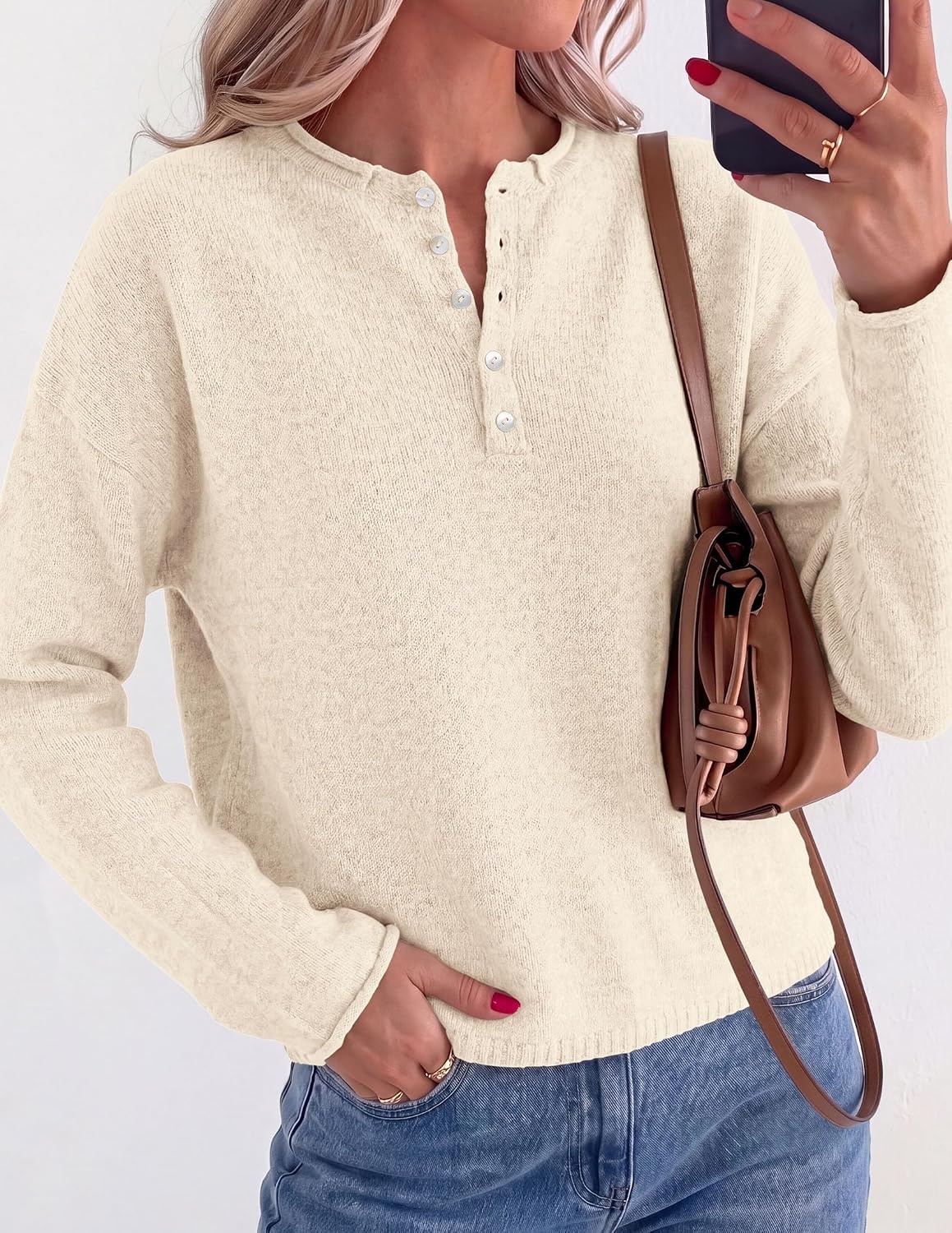 image:imagePRETTYGARDEN Womens Henley Cozy Sweaters Button Up PulloverBeige