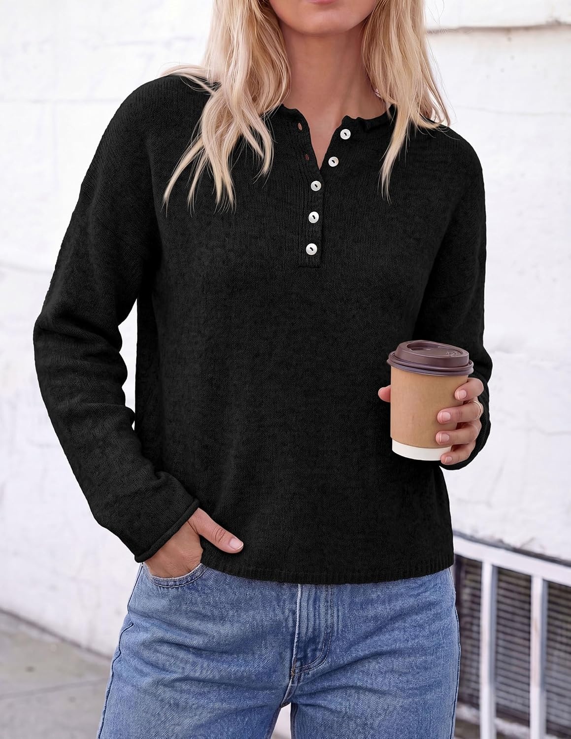 image:imagePRETTYGARDEN Womens Henley Cozy Sweaters Button Up PulloverBlack