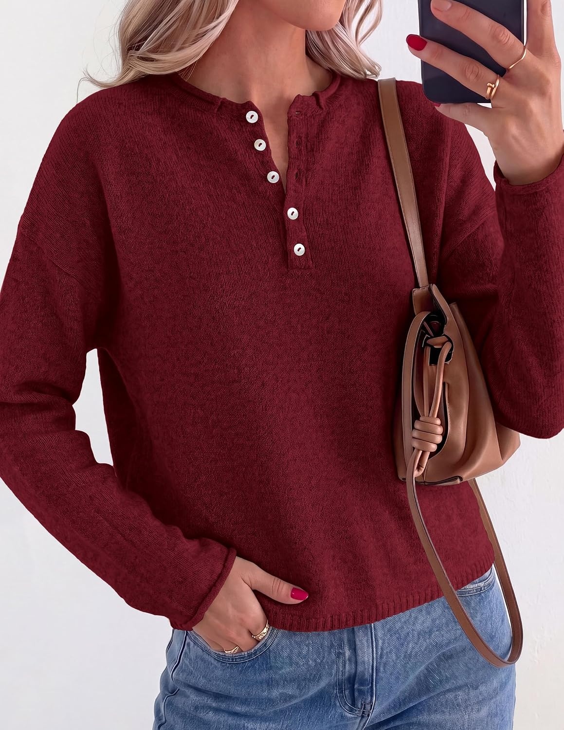 image:imagePRETTYGARDEN Womens Henley Cozy Sweaters Button Up PulloverBurgundy